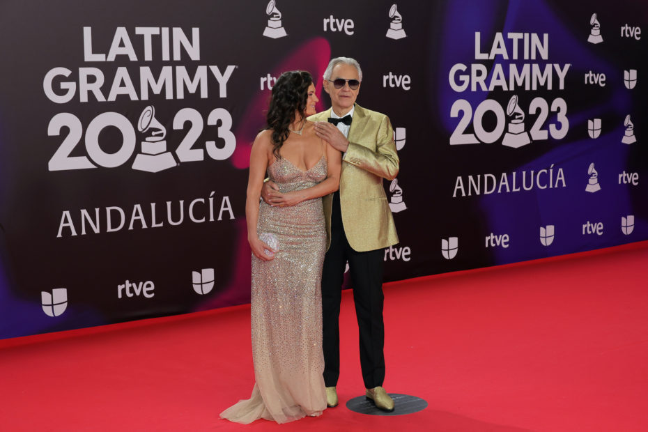 SEVILLE, SPAIN - NOVEMBER 16: (L-R) Veronica Berti and Andrea Bocelli attend The 24th Annual Latin Grammy Awards on November 16, 2023 in Seville, Spain. (Photo by Neilson Barnard/Getty Images for Latin Recording Academy)