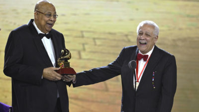SEVILLE, SPAIN - NOVEMBER 16: Chucho Valdés & Paquito D’Rivera accept the award for Best Latin jazz/jazz Album onstage during the Premiere Ceremony for The 24th Annual Latin Grammy Awards on November 16, 2023 in Seville, Spain. (Photo by Carlos Alvarez/Getty Images for Latin Recording Academy)