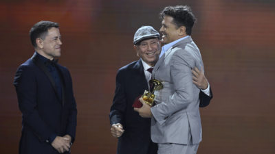 SEVILLE, SPAIN - NOVEMBER 16: Carlos Vives (R) accepts the award for Best cumbia/vallenato album at The 24th Annual Latin Grammy Awards on November 16, 2023 in Seville, Spain. (Photo by Carlos Alvarez/Getty Images for Latin Recording Academy)