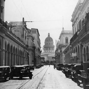 View of cars parked on Calle Zulueta with the Capitol building in the background, Havana, Cuba, 1935. (Photo by Lionel Green/Getty Images)